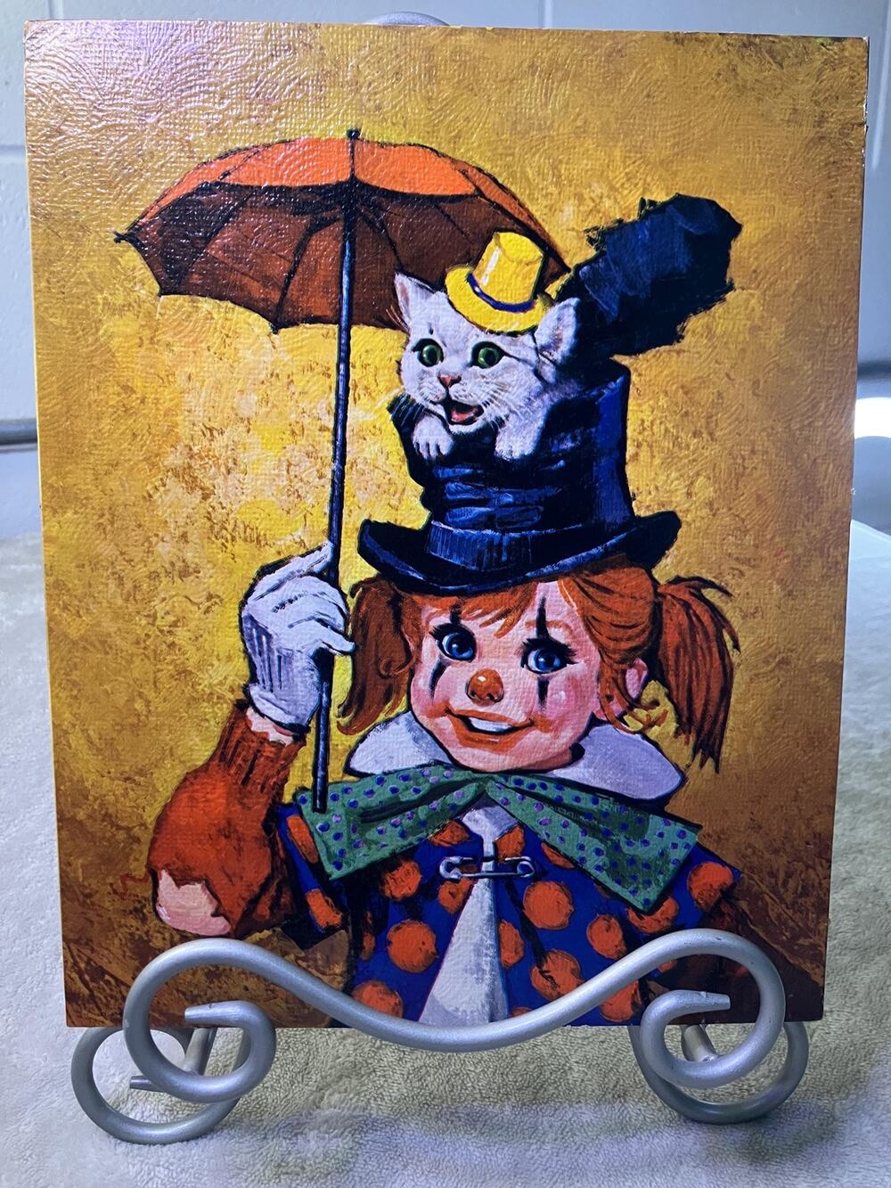 Vintage Clown & White Kitten Print – Mid-Century Wall Art 8x10, Unframed